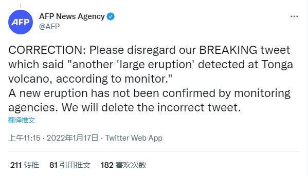 法新社回应汤加火山再喷发报道：尚未确认 将删除