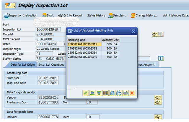 SAP QM QAC1事務程式碼不能修改含有HU的檢驗批裡的數量