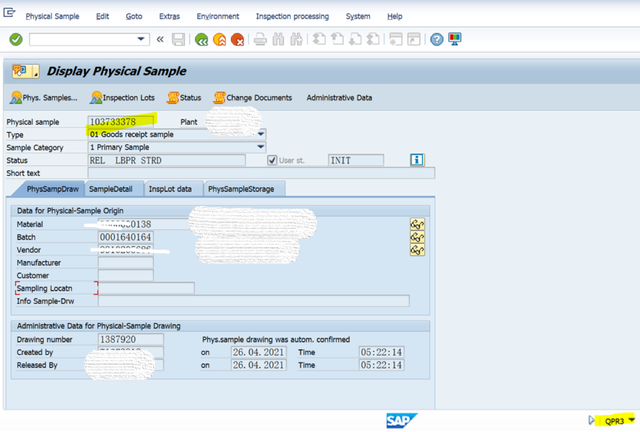 SAP QM 事務程式碼QPR3顯示一個Physical Sample Record