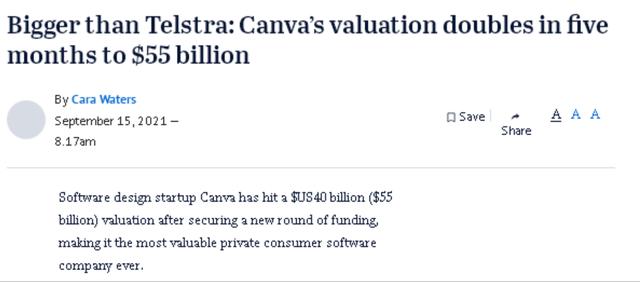 完成最新一轮融资 Canva市值超过澳洲电讯