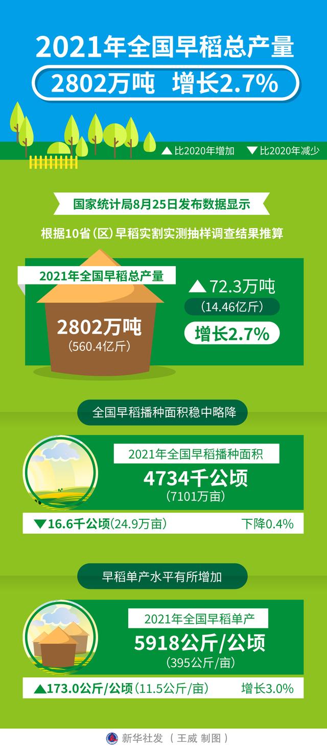 ［经济］2021年全国早稻总产量2802万吨 增长2.7%