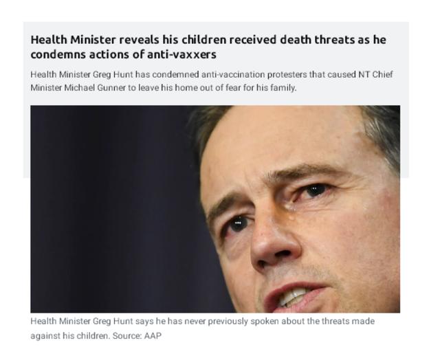 澳洲卫生部长亨特强烈谴责反疫苗者 坦言家人曾受死亡威胁