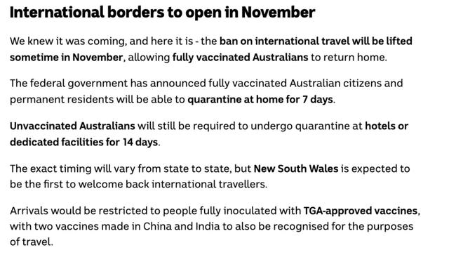 留学生好消息：澳大利亚11月开放国境，TGA官宣承认中国疫苗