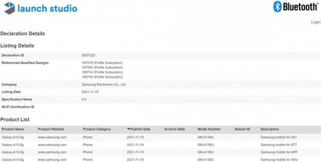 三星Galaxy A13 5G已获蓝牙认证 有望几周内发布
