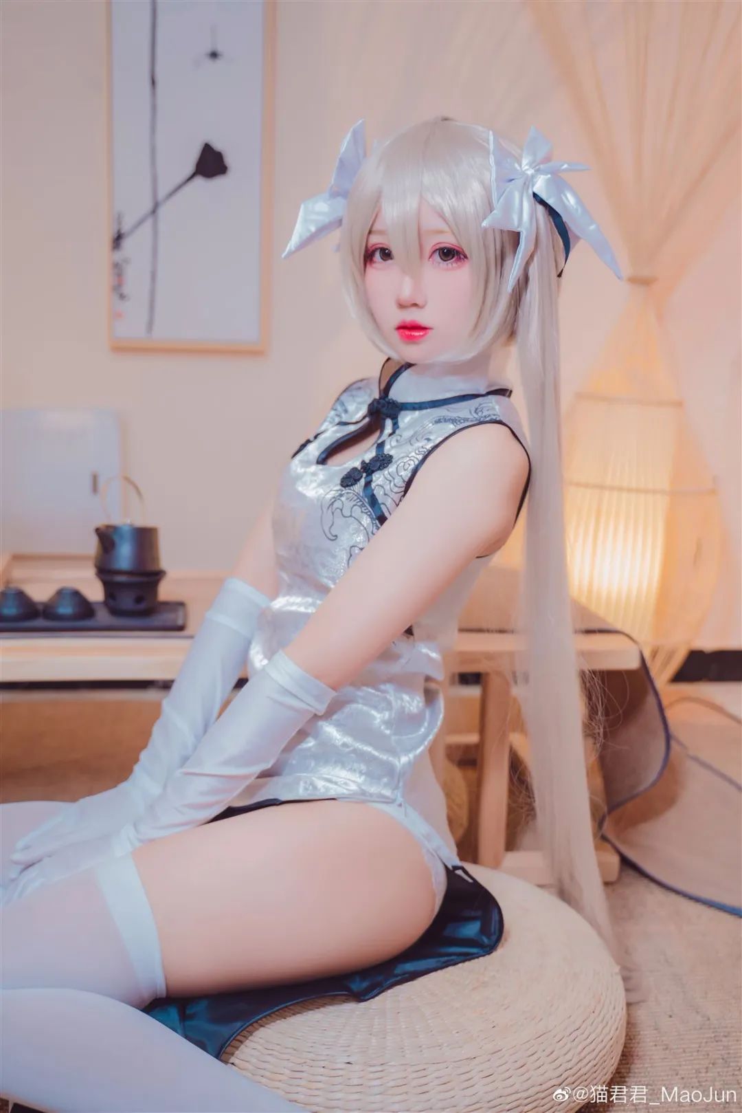 cosplay – 《缘之空》 春日野穹（@猫君君MaoJun），白丝美腿短款旗袍，翘臀好风景_图片 No.2