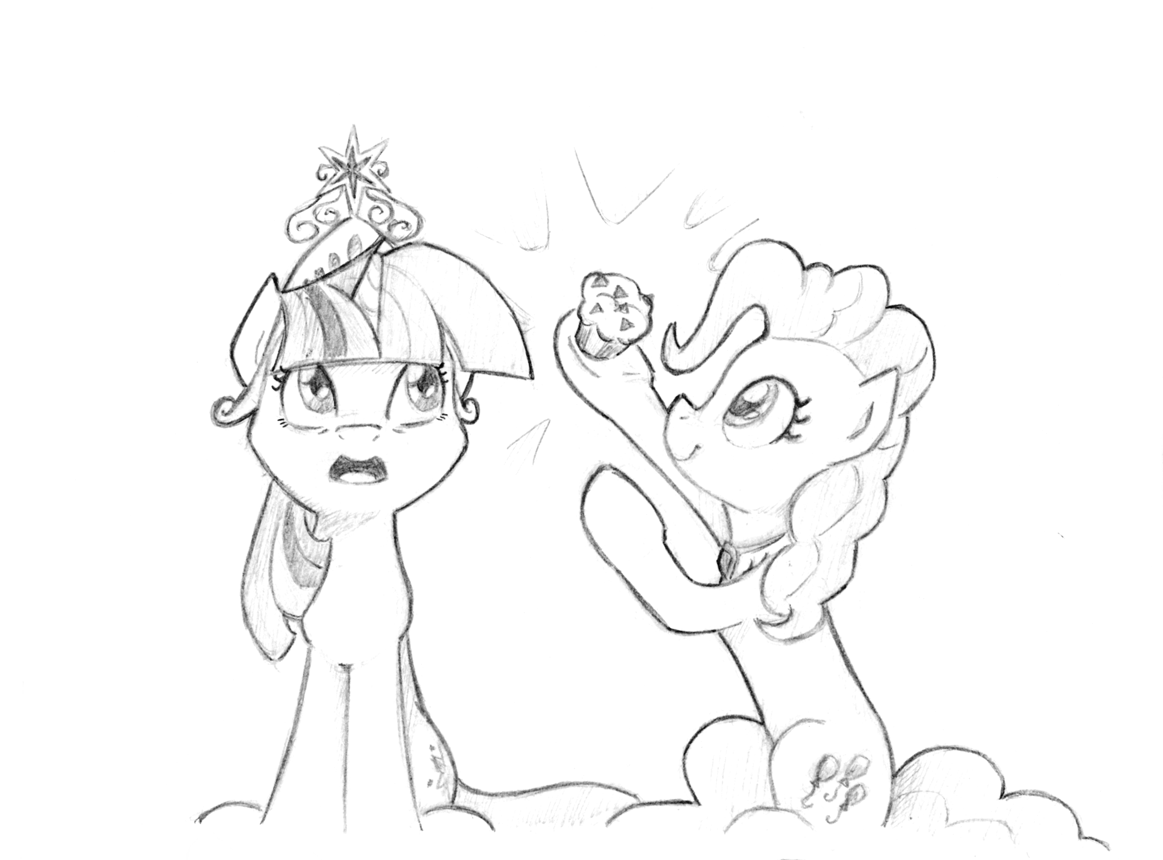 1267665__safe_artist-colon-lalieri_pinkie+pie_twilight+sparkle_big+crown+thingy_black+and+white_cupcake_earth+pony_elements+of+harmony_female_food_gray.png