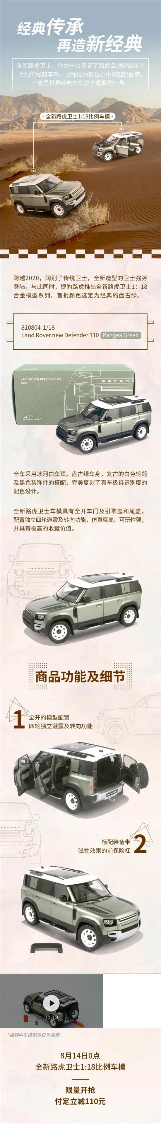 全新路虎卫士1:18比例车模 限量开抢