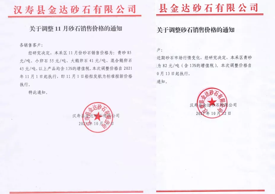 河砂价格115元／吨，湖南省两国企同时发布砂石价格调整通知