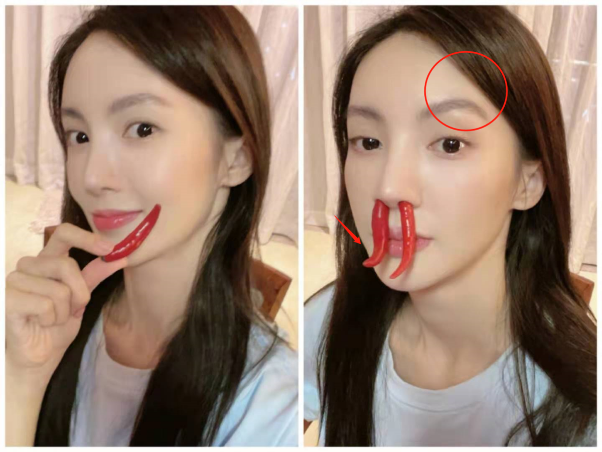 知名女星金晨大胆晒扮丑照，两个鼻孔插生辣椒，皮肤光滑白嫩反光