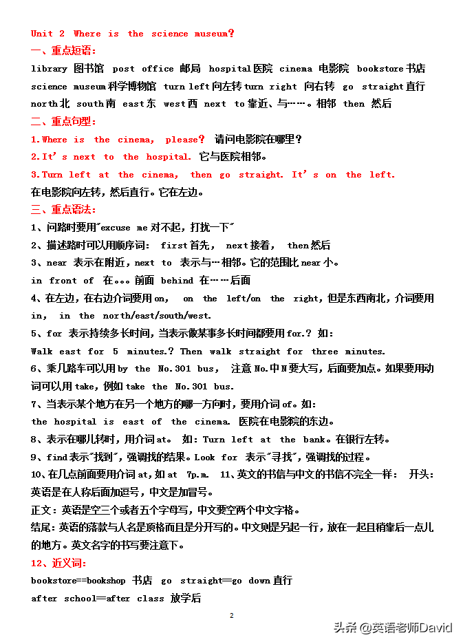 六年级英语上册各单元知识点汇总，附电子稿，复制打印考前背一背