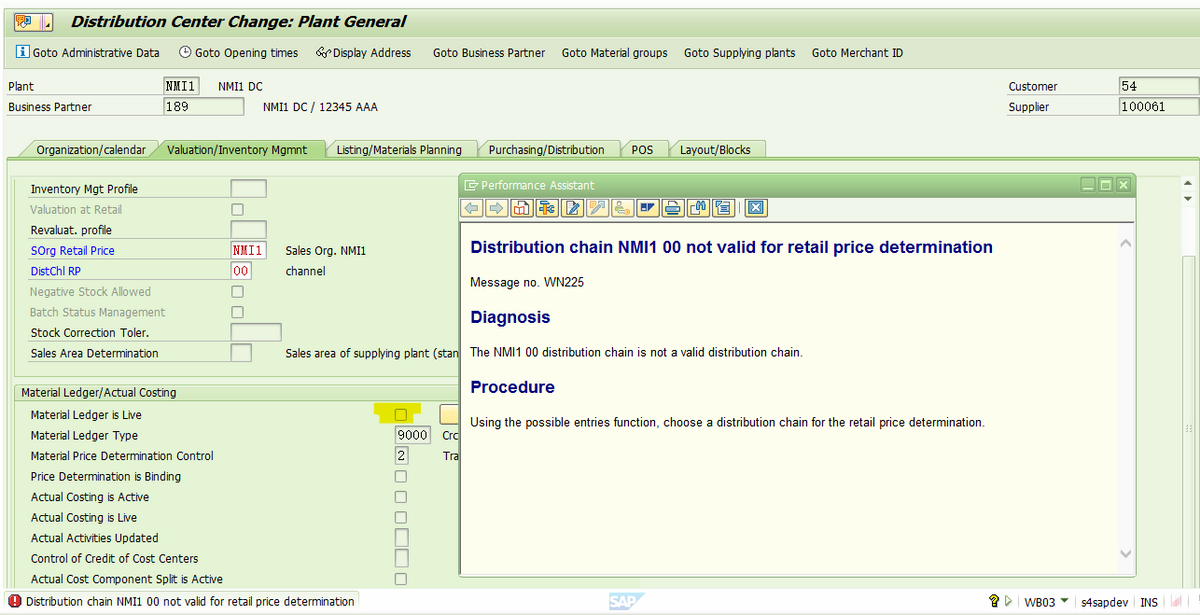 SAP RETAIL WB02为门店激活ML报错 - Distribution chain NMI1 00 not