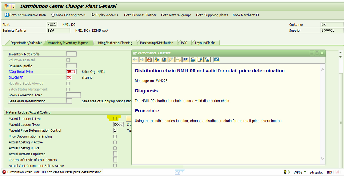 SAP RETAIL WB02為門店啟用ML報錯 - Distribution chain NMI1 00 not