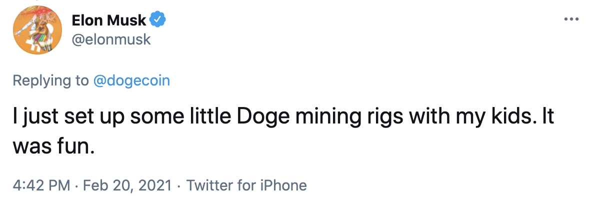 特斯拉CEO马斯克：和孩子们一起搭建了一些狗狗币矿机