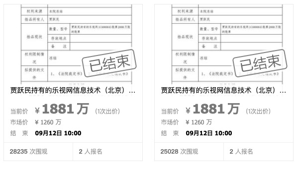 近亿股流拍,贾跃亭兄弟所持4410万股乐视股票拍出八千万
