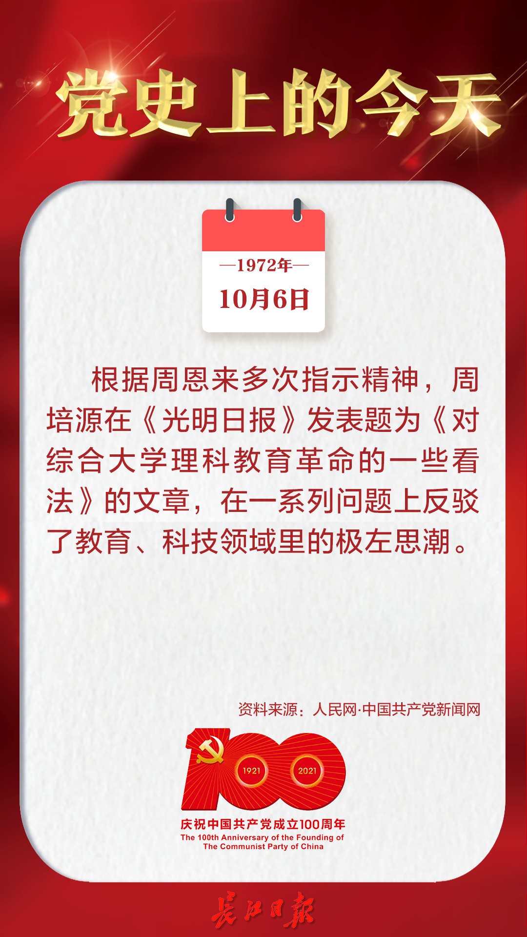 1972年10月6日 周培源在 光明日報 發表題為 對綜合大學理科教育革命的一些看法 的文章 黨史上的今天 天天看點