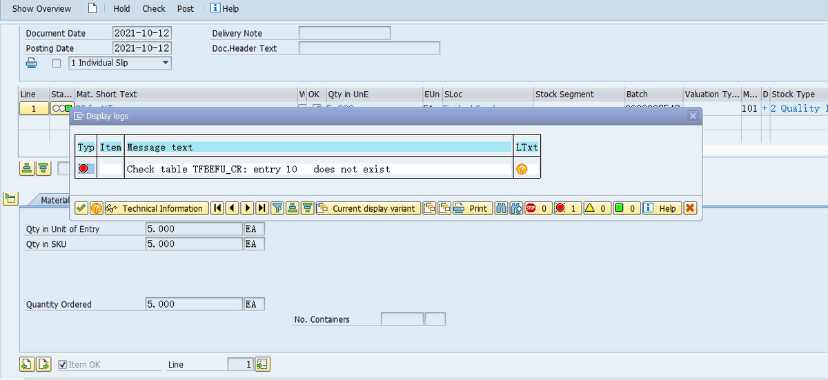 SAP對工單做收貨，報錯-Check table TFBEFU_CR entry 10 does not exist