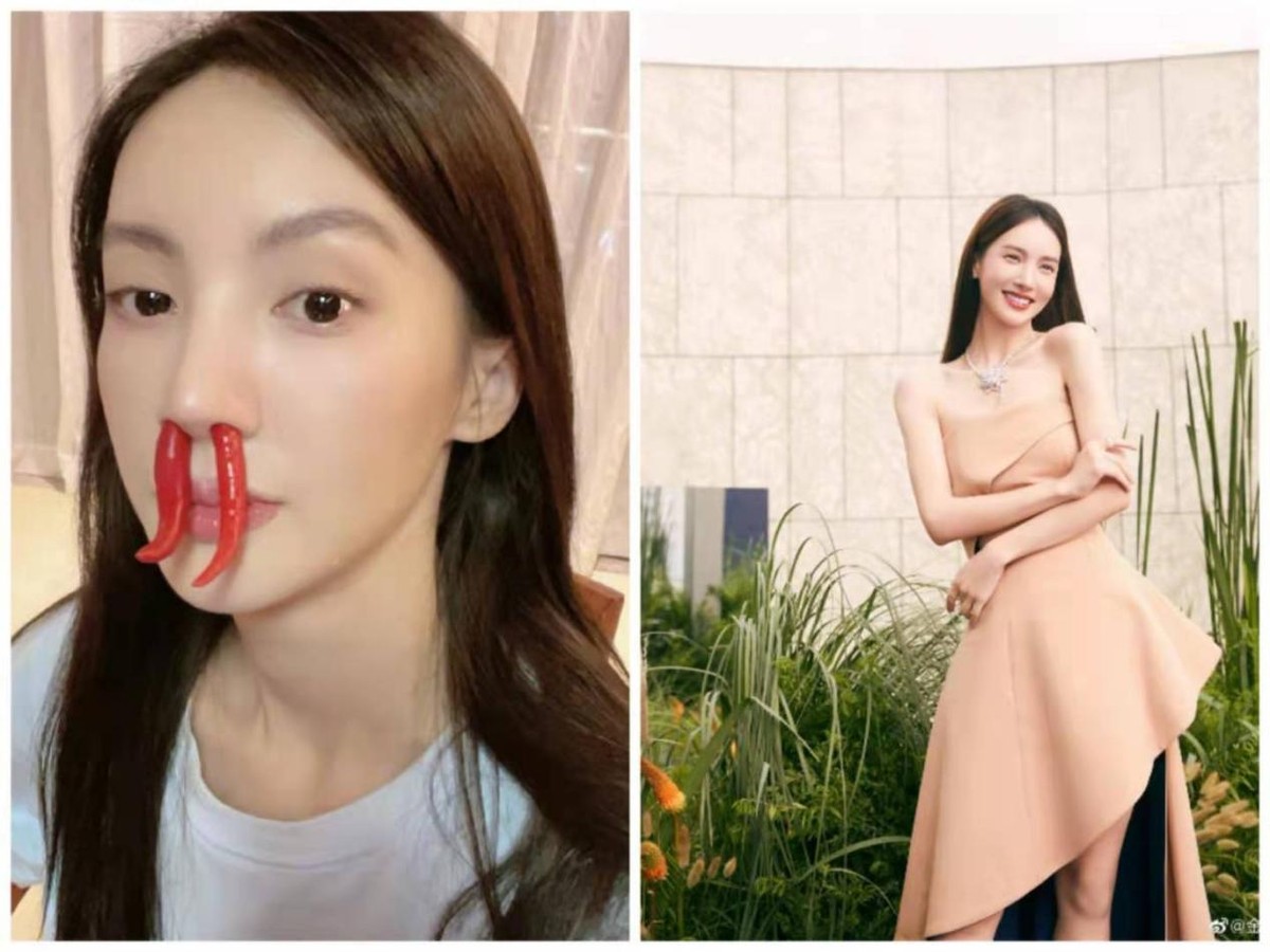 知名女星金晨大胆晒扮丑照，两个鼻孔插生辣椒，皮肤光滑白嫩反光
