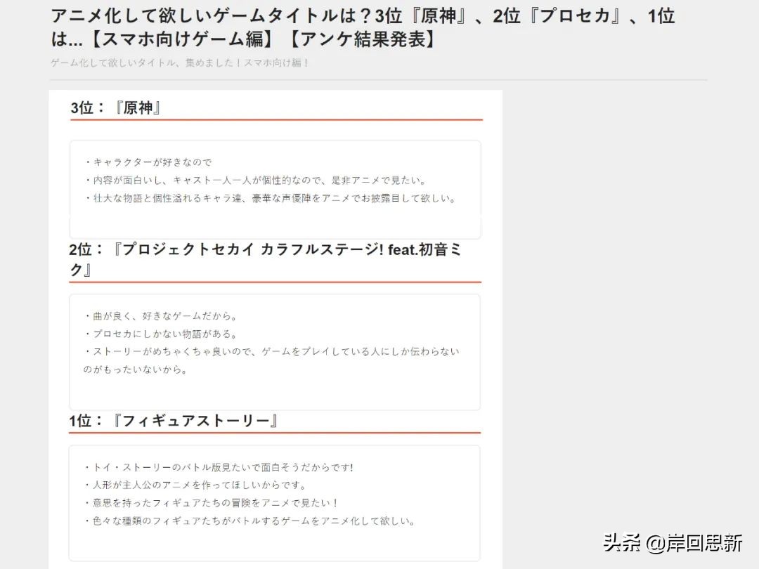 太黑暗了？ 日本網友期待遊戲動畫化排名：原神第三，Miku第二