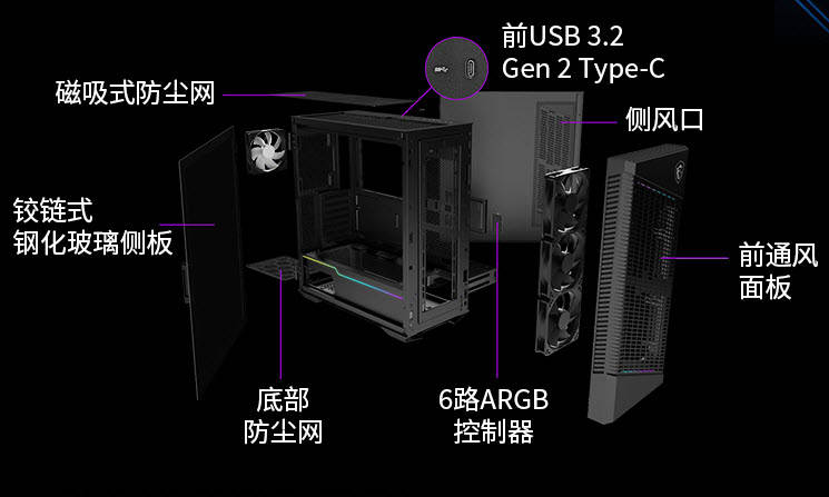 微星准系统专用机箱，采用ARGB元素设计，不用就浪费了