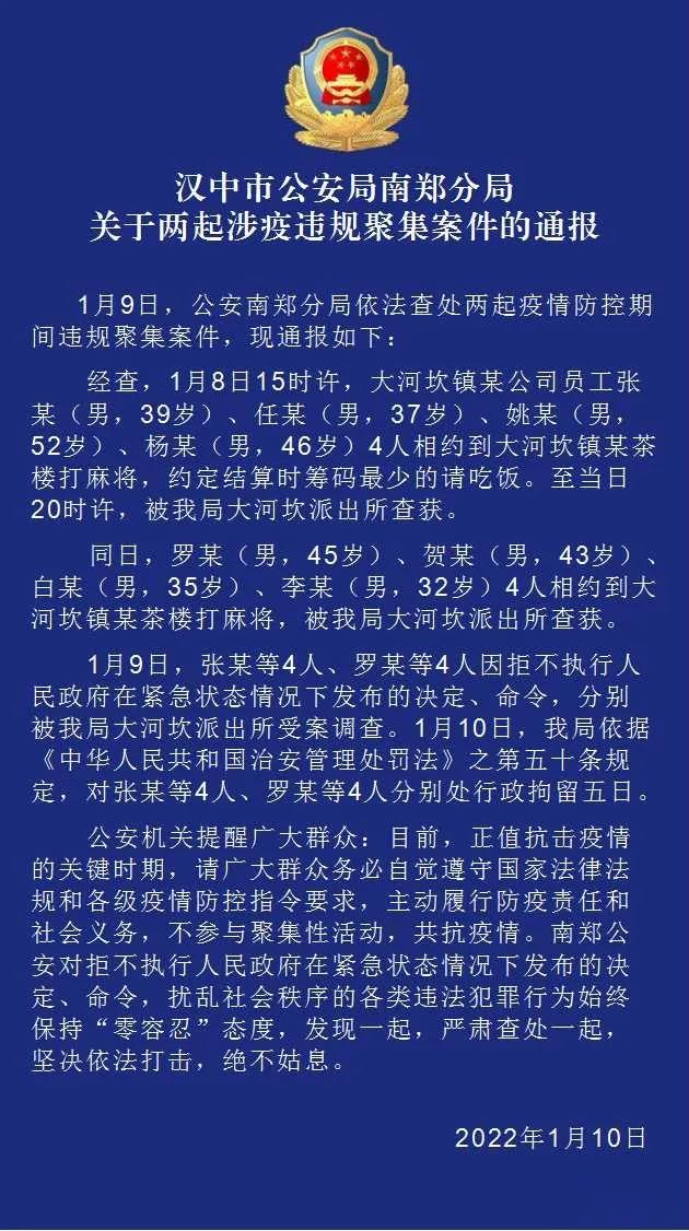 多人疫情防控期间违规聚集打麻将 南郑公安：行拘五日