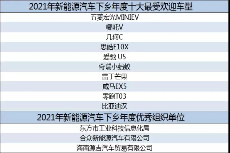 2021海南新能源汽车下乡评选年度十大受欢迎车型