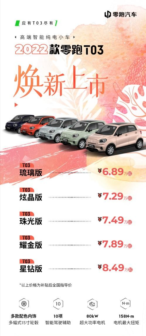 80KW同级最强动力 高端智能纯电小车2022款零跑T03正式上市