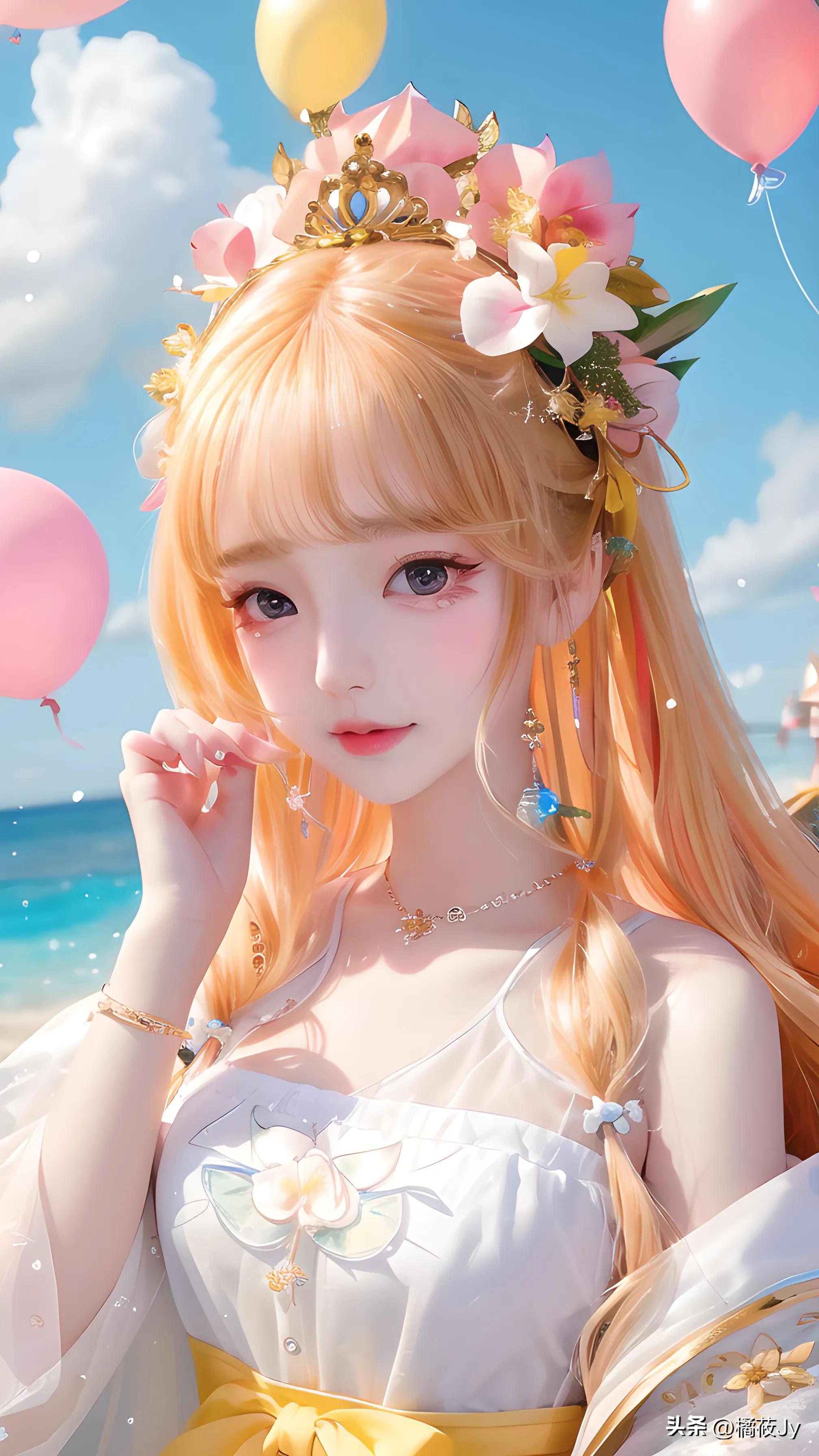 萝莉女孩,一对桃花眼,漂亮可爱,花环,黄色夹克衫,白色卫衣,很多彩色