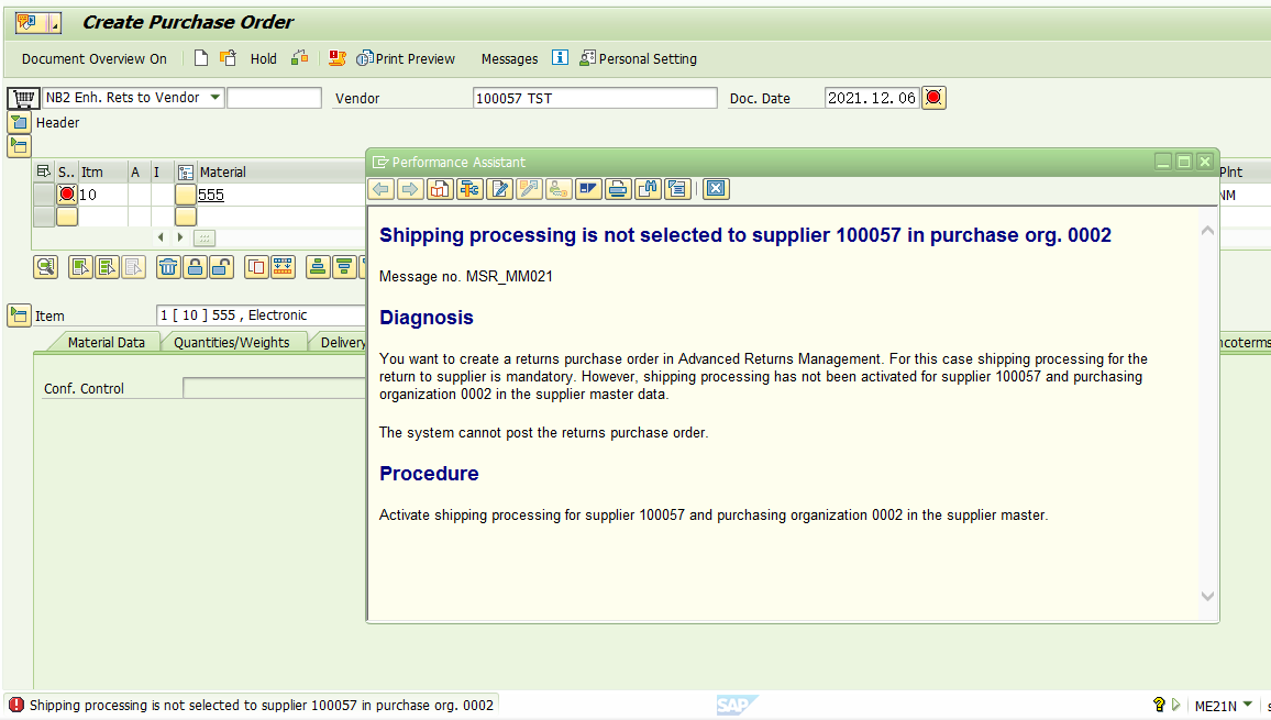 SAP 创建启用了ARM功能的采购订单，报错 -Shipping processing is not
