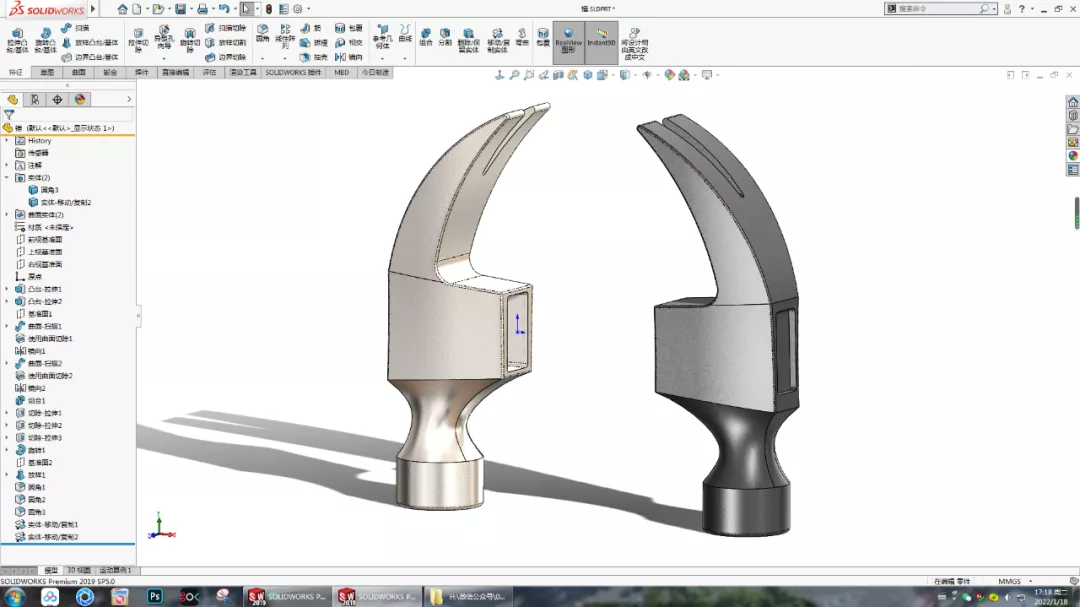 SolidWorks羊角锤绘制：五边形技巧与建模方法
