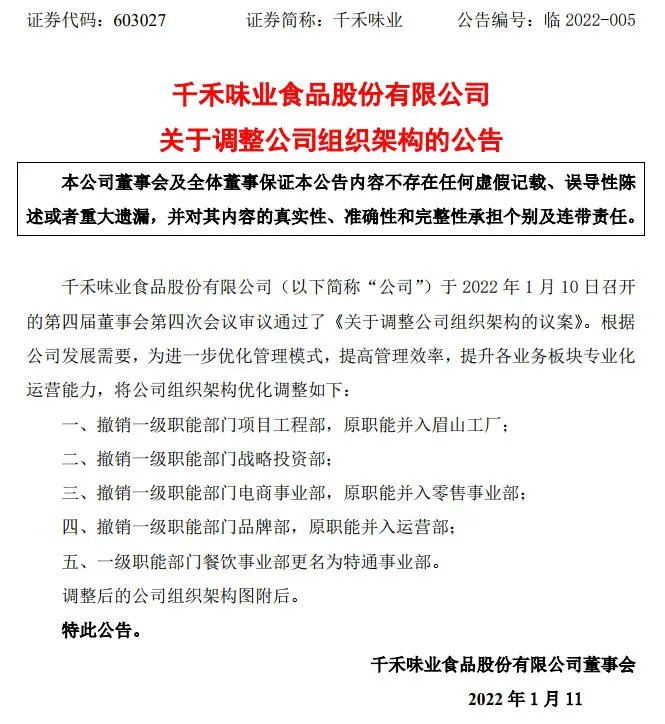 「职场」千禾味业副总裁刘德华离职 同时宣布新一轮架构调整