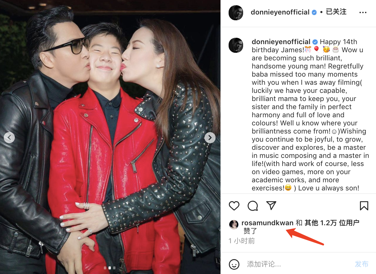 甄子丹为14岁儿子庆生，甄济嘉被父母夹击吻笑眯眼，姐姐高挑漂亮