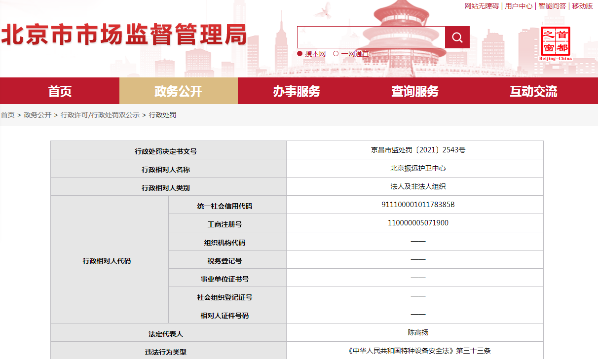 北京振远护卫中心违法使用特种设备被罚7万元