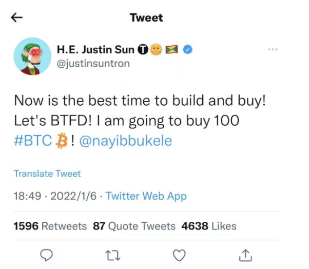 孙宇晨：抄底，我将会买入100个BTC；网友：上周卖了1000个不说