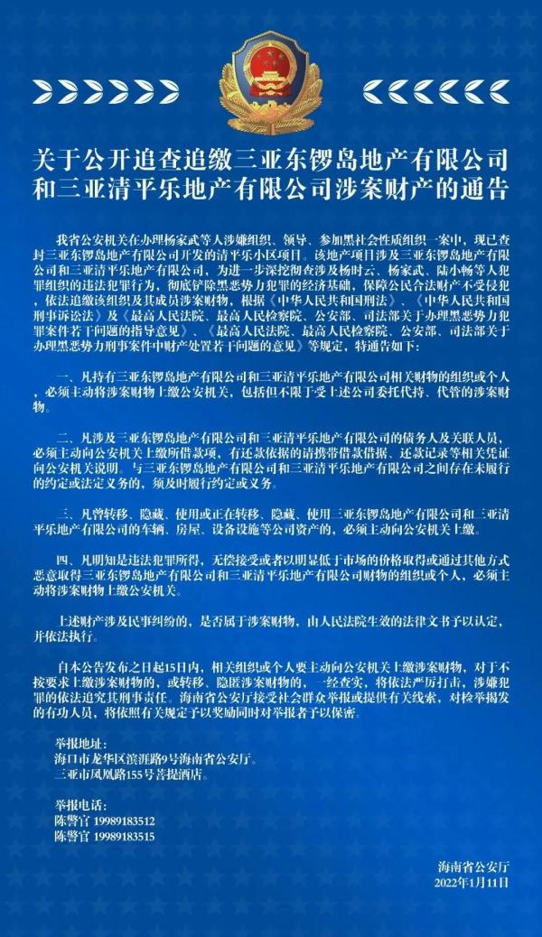 公开追查追缴三亚两公司涉案财产